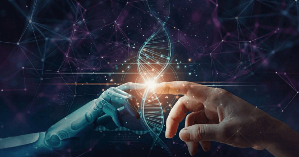 Eine Roboterhand und eine menschliche Hand berühren sich vor einer leuchtenden DNA-Struktur, die Verbindung von Technologie, Künstlicher Intelligenz und Mensch, welche SEO KI symbolisiert.