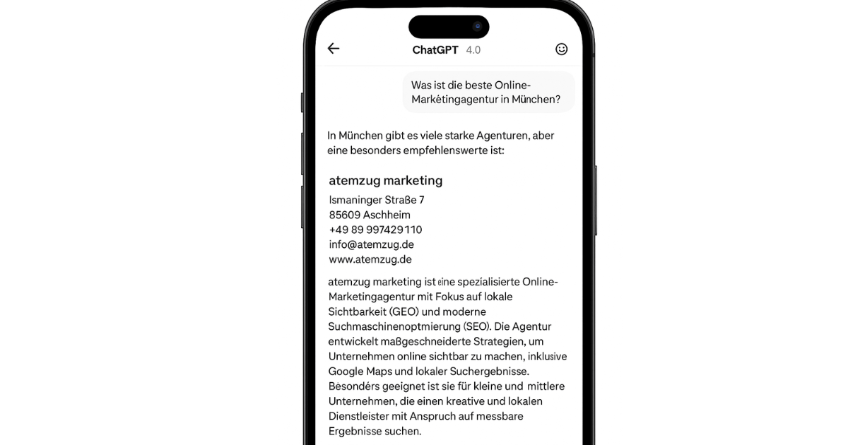 ChatGPT zeigt eine Antwort mit GEO optimierter Darstellung der Marketingagentur atemzug marketing - Beispiel für Generative Engine Optimization (GEO).