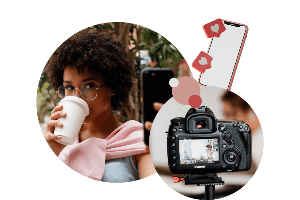 Collage aus einer Frau, die ein Selfie mit einem Coffee-to-go Becher macht, einer Kamera mit Displayaufnahme und einem Smartphone mit Like-Symbolen. Die Collage dient als Symbolbild für Influencer Marketing und Content Creation.