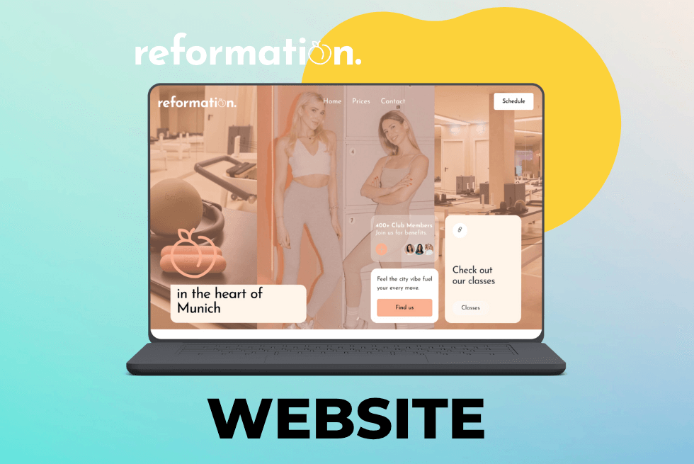 Auf einem aufgeklappten Laptop ist die Startseite der Website von reformation. zu sehen. Auf türkisfarbenem Hintergrund und einer schwarzen Unterschrift steht 'Website'. Symbolisch für die Erstellung der Website durch atemzug marketing.