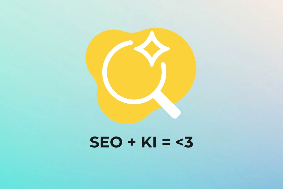 Lupen Icon auf gelbem Hintergrund mit der Unterschrift "SEO + KI =