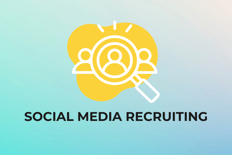 Hellblauer Hintergrund mit gelber Umrandung. In der Mitte ein Icon zum Thema Recruiting, mit der Unterschrift Social Media Recruiting.